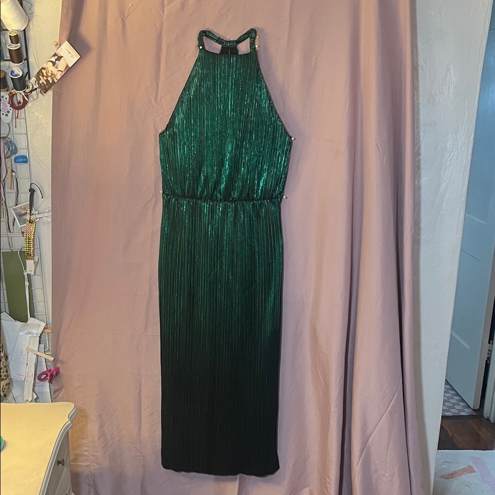 House of Harlow x Revolve green metallic halter dress